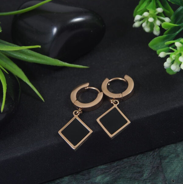 Geometric Dangle Hoop Earrings – Black & Rose Gold Tone