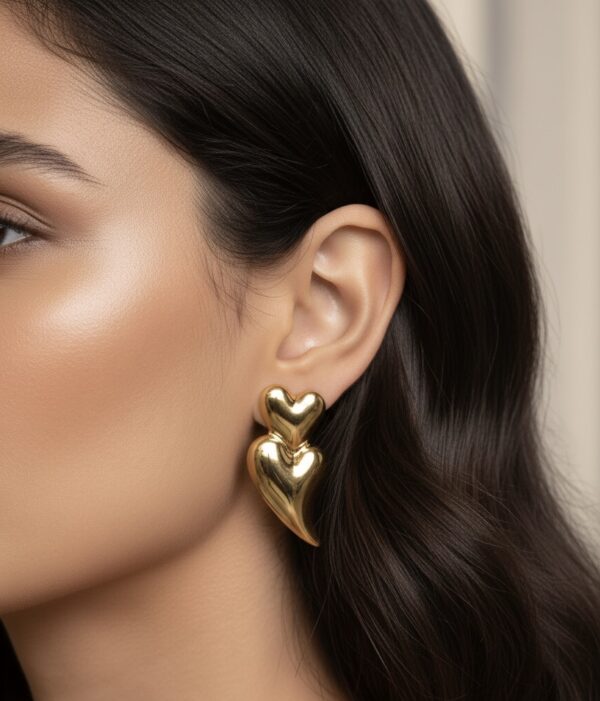 Luxurious Double Heart Drop Earrings – Anti-Tarnish Gold