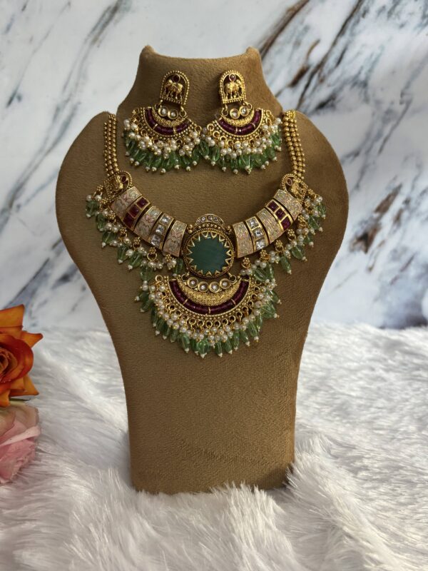 Green Stone Kundan Meenakari Necklace Set