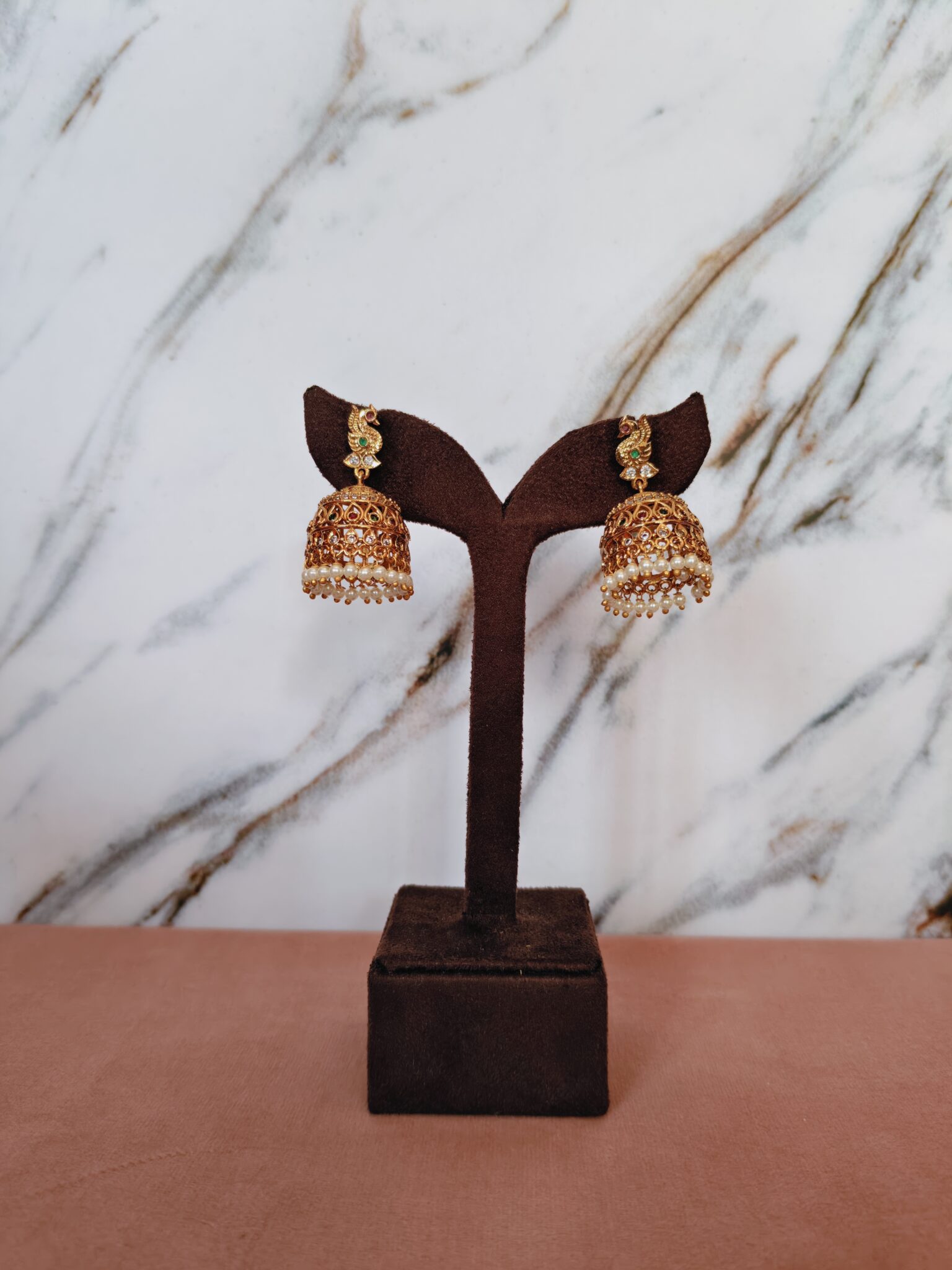 green-peacock-pearl-dome-jhumkas