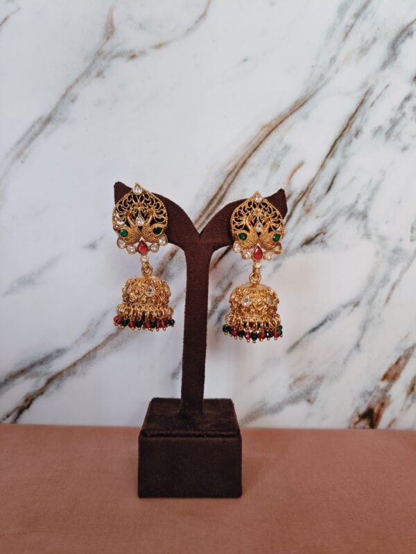 Dual Peacock Antique Jhumkas – Multi Bead Finish